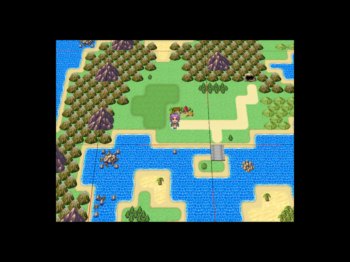 世界地図でKalenaが村の南側に立ち、山と海に囲まれた道を見渡すゲーム中画面