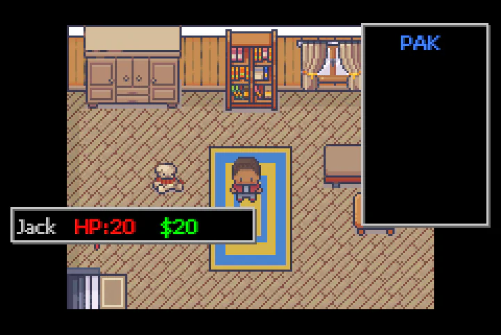 World of Zoinkの家の中で、右側にPAKのインベントリ、左下にJackのHP 20と所持金20が表示されたゲーム中画面